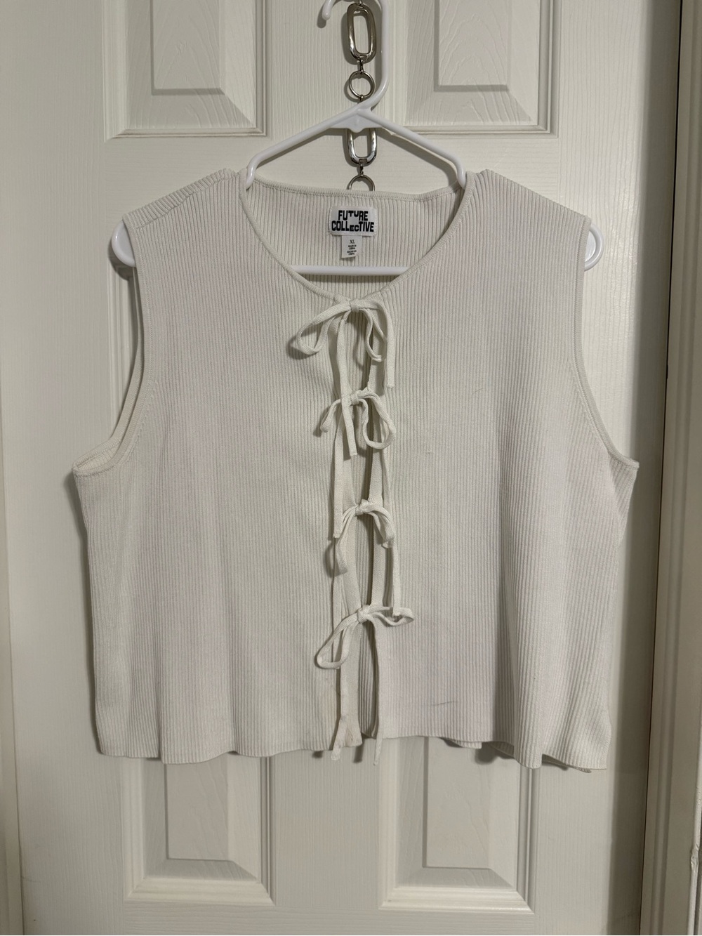 Cream Ribbed Tie-Front Sleeveless Top